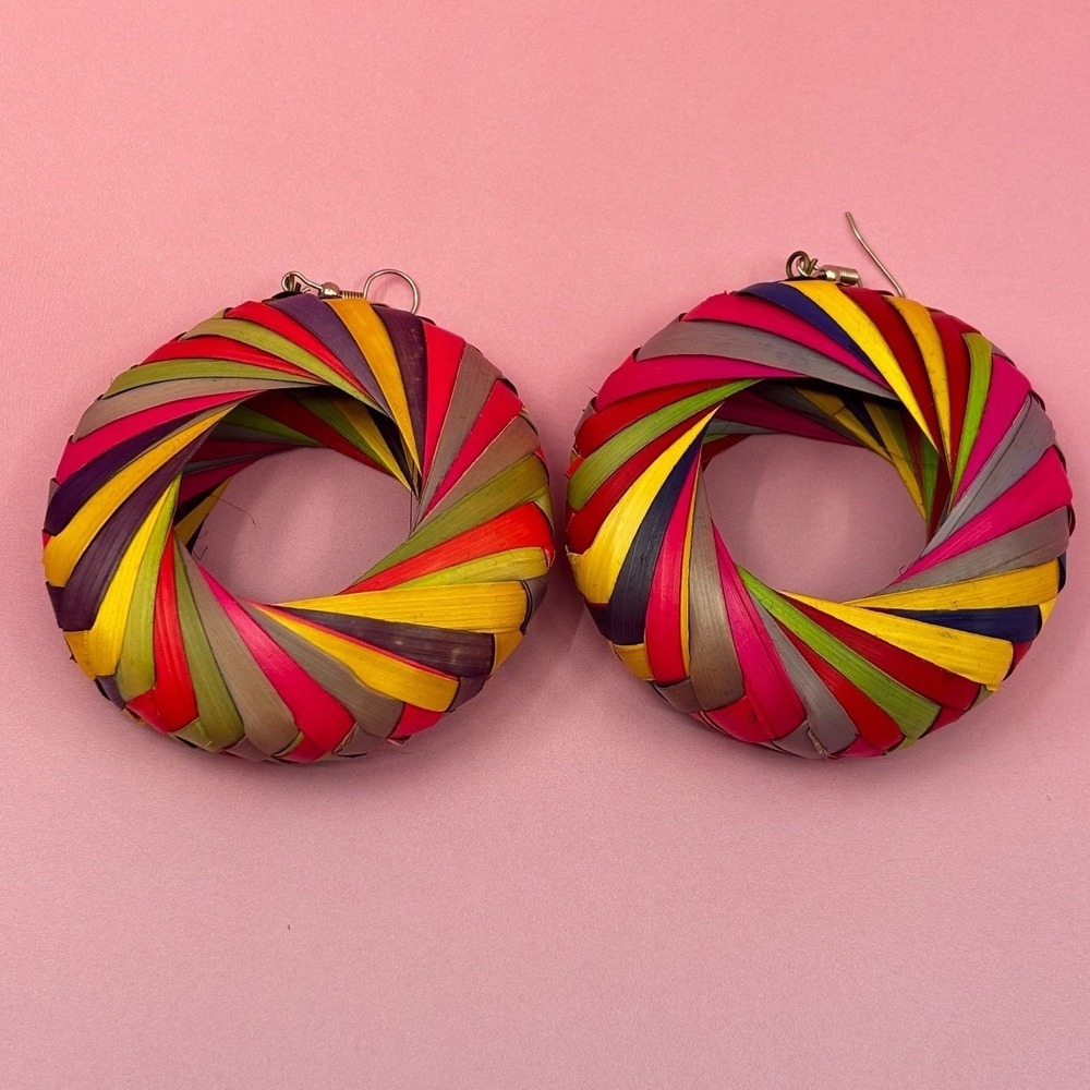 Colorful Woven Raffia Hoop Earrings Rainbow Boho Festival Statement Vintage